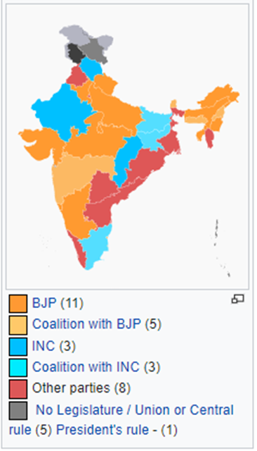 Map of India showing state‑wise party control.