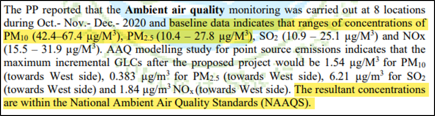 Highlighted text excerpt stating that ambient air quality monitoring was conducted at 8 locations during October to December 2020, showing measured levels of PM10, PM2.5, SO₂, and NOx. It notes that projected post-project concentrations are within National Ambient Air Quality Standards (NAAQS).