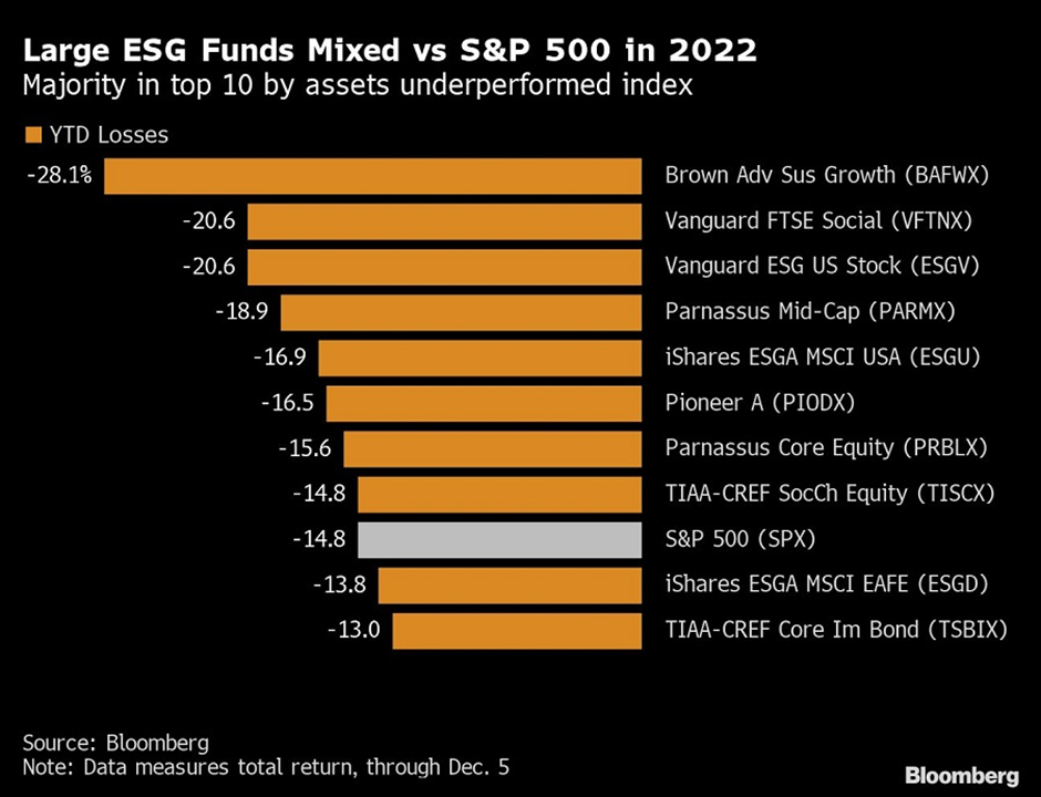 Bar chart comparing 2022 year-to-date losses of major ESG funds with the S&P 500. It shows that most large ESG funds underperformed the S&P 500 during the period, with losses ranging from about 13% to 28%.