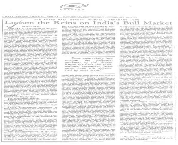 Newspaper article from The Wall Street Journal Asia titled &ldquo;Loosen the Reins on India&rsquo;s Bull Market&rdquo;. The article discusses the potential for India&rsquo;s equity market and argues for easing restrictions to support broader market growth and foreign investor participation.
