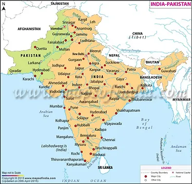 Political map of India showing major cities, neighboring countries, and state boundaries.