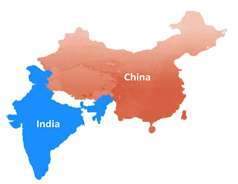 Map showing the geographic outlines of India and China.