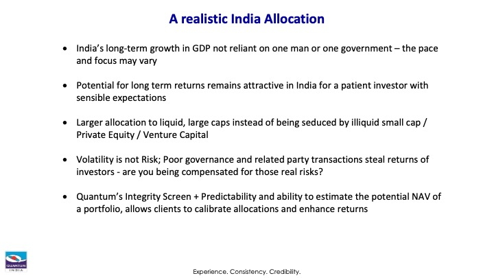 Slide outlining a realistic India equity allocation and long‑term investment principles.