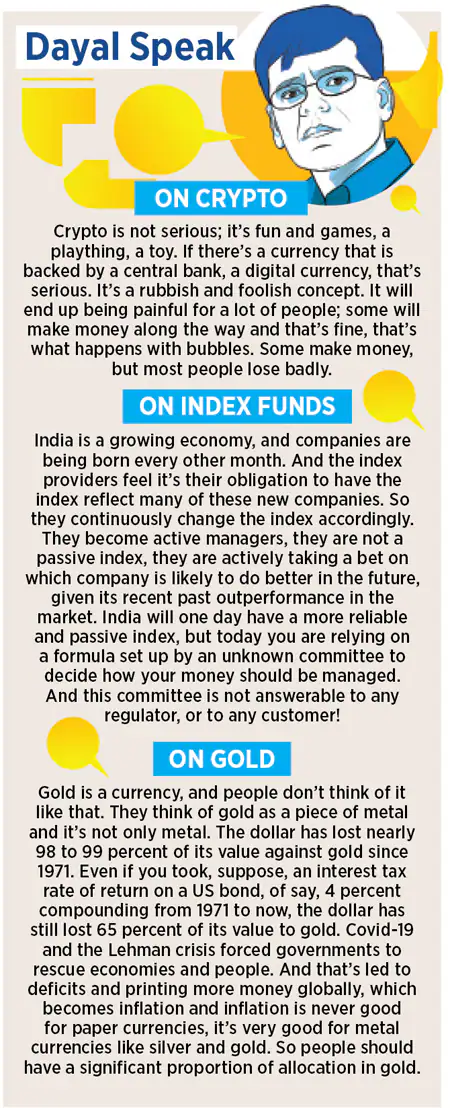 Infographic titled &ldquo;Dayal Speak&rdquo; featuring views on crypto, index funds, and gold. It presents brief commentary suggesting skepticism toward crypto, caution on index funds, and support for holding gold as part of long-term wealth preservation.