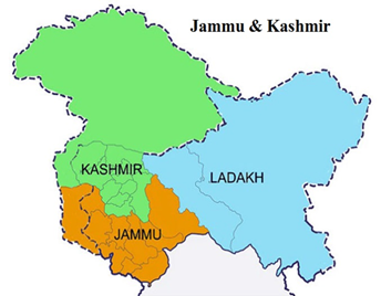 Map of Jammu & Kashmir showing the three regions: Kashmir, Jammu, and Ladakh. Each region is marked in a different color to distinguish their geographic areas.