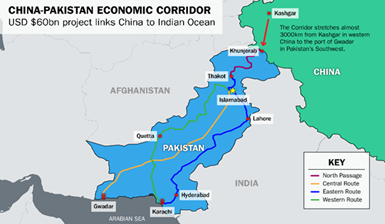 Map of the China&ndash;Pakistan Economic Corridor (CPEC) showing the planned route linking China to Gwadar Port in Pakistan. It highlights major transport corridors, key cities, and the corridor&rsquo;s passage through the Kashmir region.