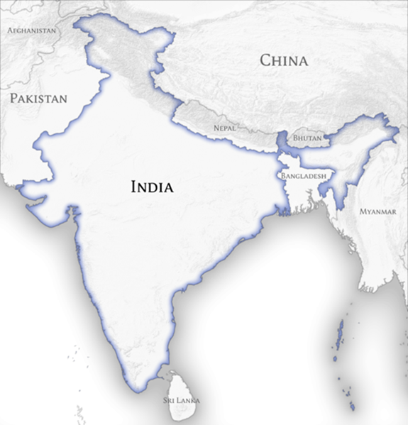 Map of India highlighting the country&rsquo;s geographic boundaries and its location within South Asia. Neighboring countries shown include Pakistan, China, Nepal, Bhutan, Bangladesh, Myanmar, Afghanistan, and Sri Lanka.