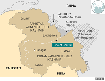 Map of the Jammu & Kashmir region showing areas administered by India, Pakistan, and China. It highlights the Line of Control, along with key areas such as Ladakh, Jammu, Srinagar, Gilgit, Baltistan, Siachen Glacier, and Aksai Chin.