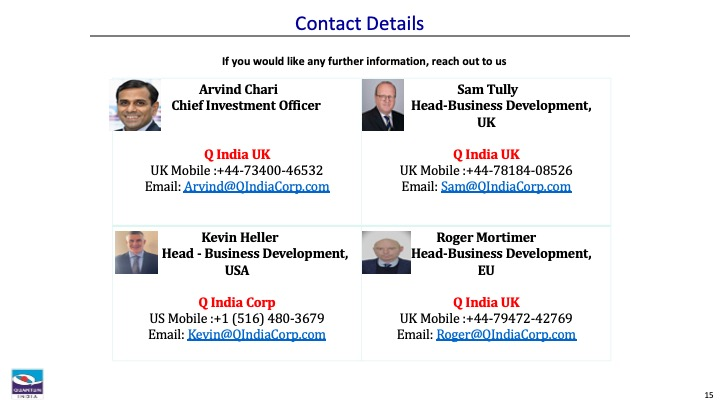 Slide with contact boxes listing names, roles, phones, and emails.