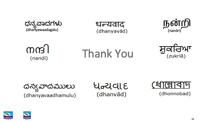 Slide showing &ldquo;Thank You&rdquo; in multiple Indian languages.