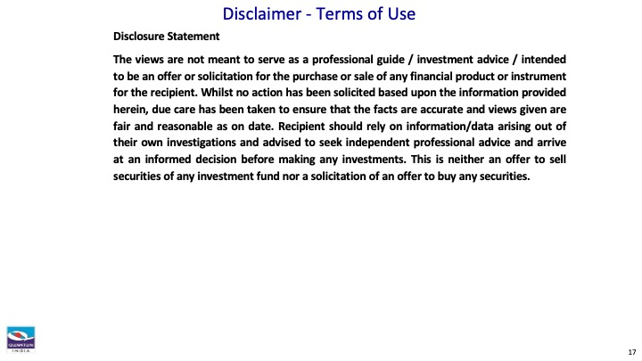 Slide displaying a text disclaimer about terms of use and investment guidance limitations.